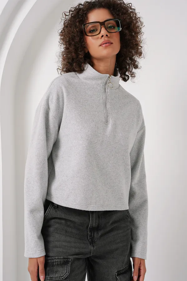 55449 Zippered Collar Knitted Sweatshirt - Gray