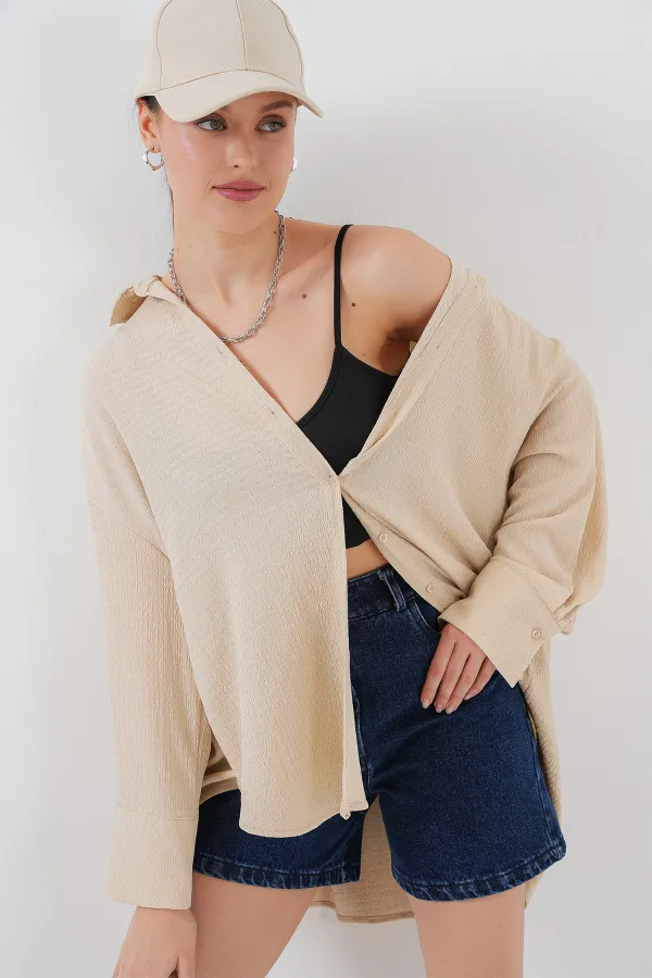 Chemise oversize en maille pour femme 20264 - Beige