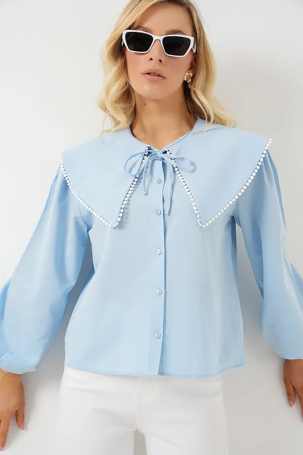 Chemise à col bébé pour femme 20314 - Bleu