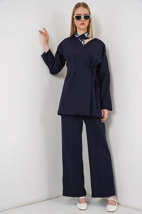 Kadın Yandan Bağlamalı Ceket Pantolon İkili Takım 30099 - Lacivert