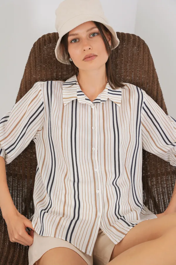 Women's Striped Short Sleeve Shirt 20345 - Beige