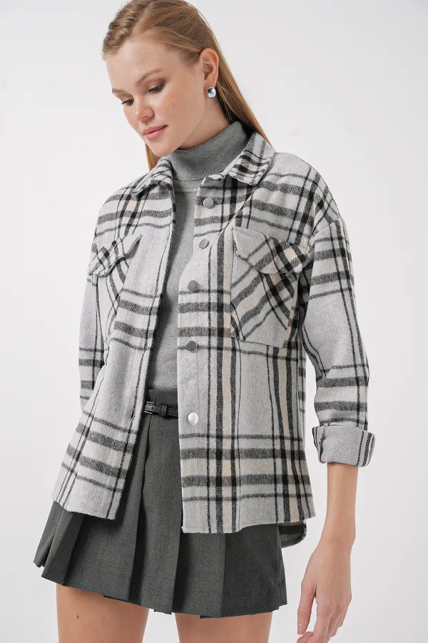 3854 Plaid Pattern Double Pocket Shirt - Light Gray