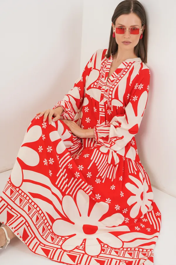 Robe longue hijab à motifs pour femme 2585 - Rouge N.