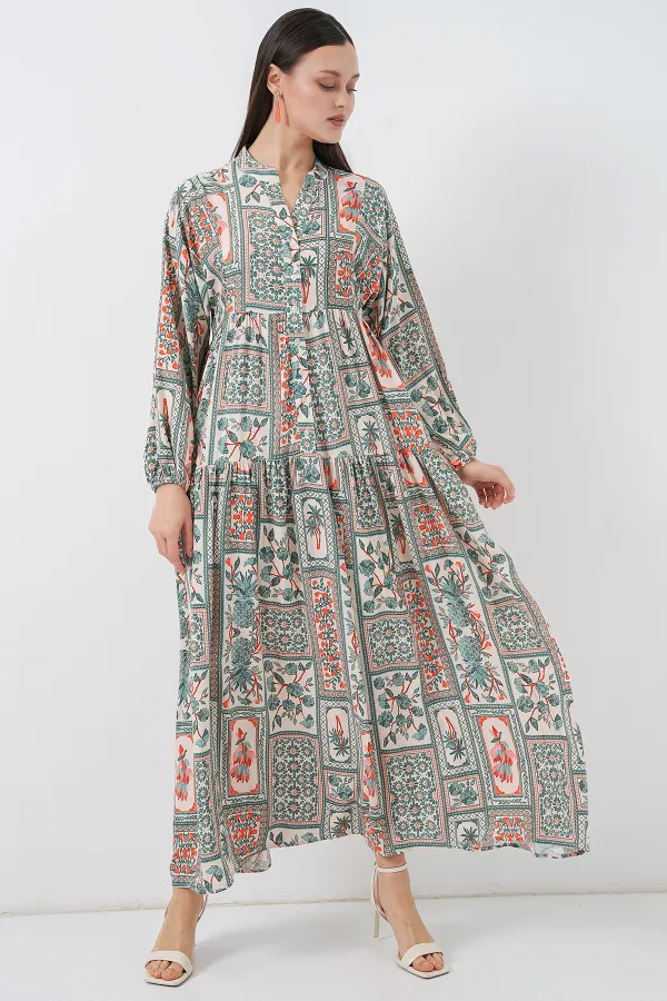 Women's Patterned Long Hijab Dress 2585 - Çağla