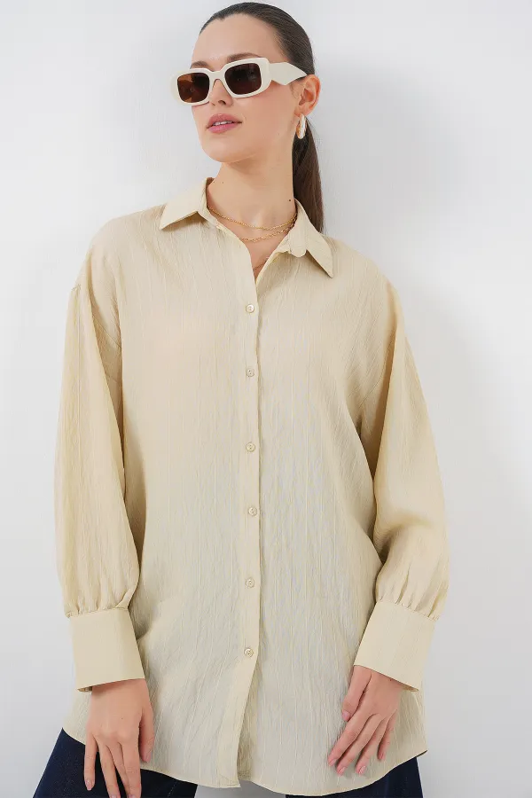 Women's Striped Long Shirt Tunic 5963 - Cream Women's Striped Long Shirt Tunic 5963 - Cream