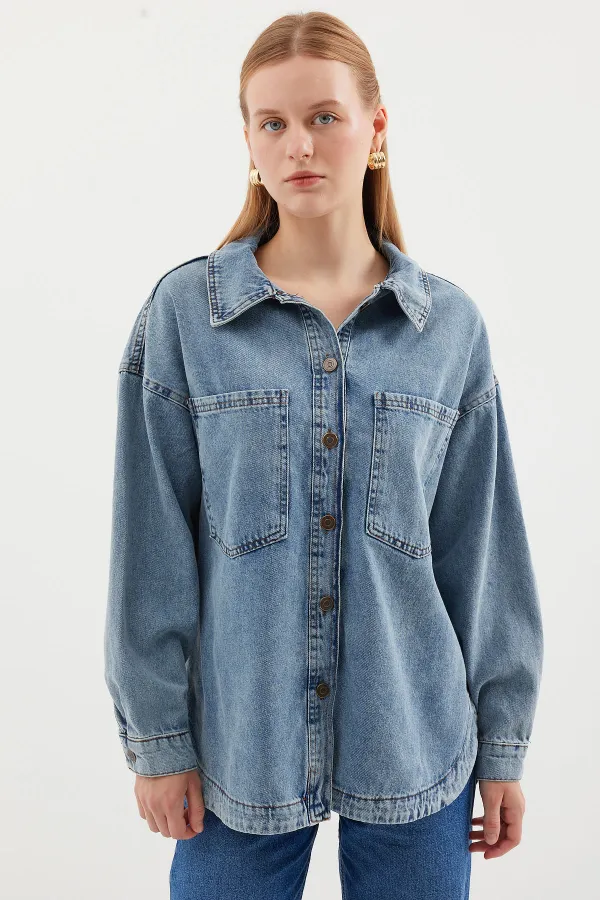 0694 Double Pocket Oversize Denim Jacket - Ice Blue