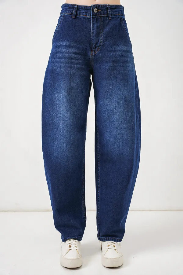 6689 Kadın Yüksek Bel Baggy Kot Pantolon - Lacivert