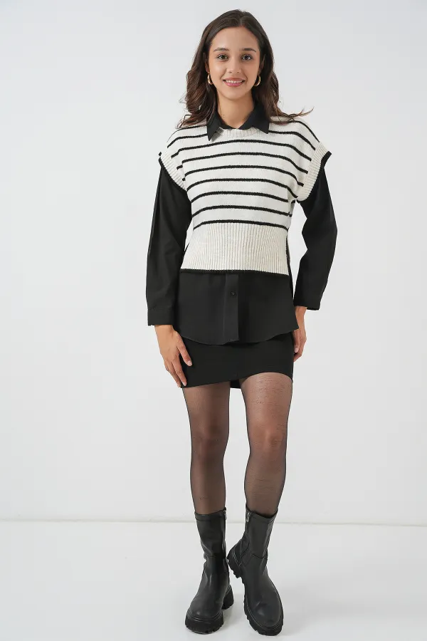 Kadın Çizgili Triko Süveter 15926 - Ekru