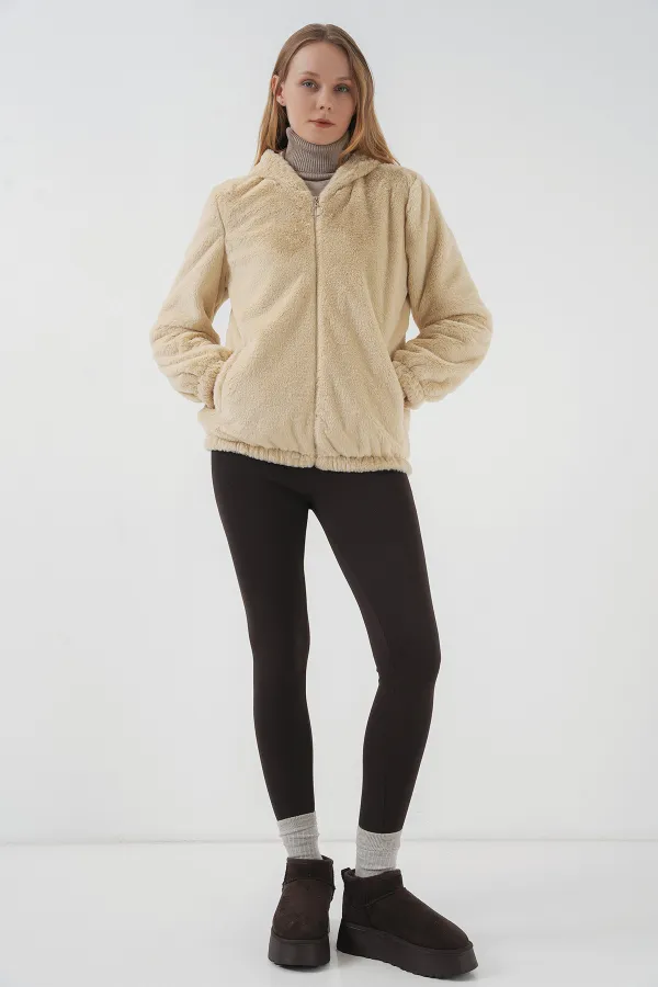 5091 Hooded Fur-Lined Coat with Lining - Biscuit
