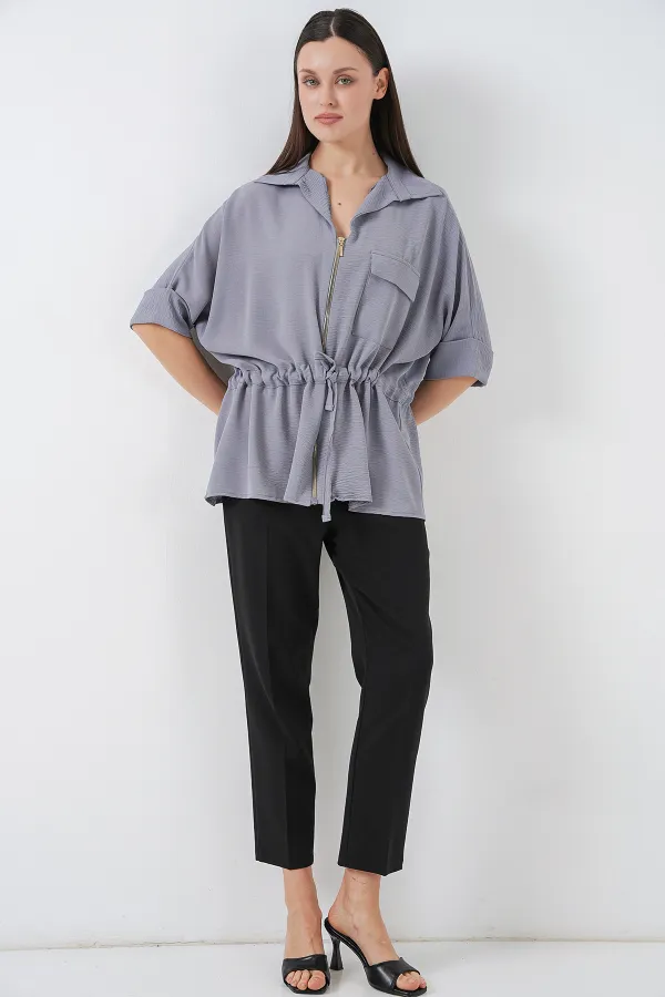 Fermuarlı Kadın Gömlek 0721 - Gri