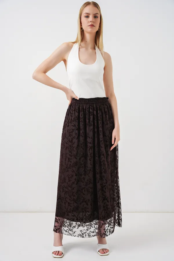 Kadın Flok Baskılı Astarlı Etek 8076 - Kahverengi