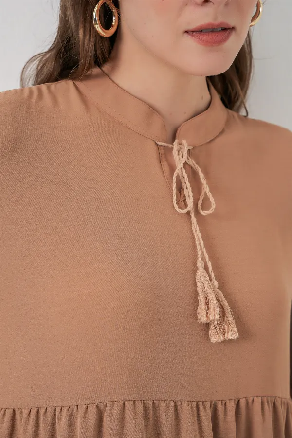 T1627 Yaka Bağcıklı Elbise - D.Vizon