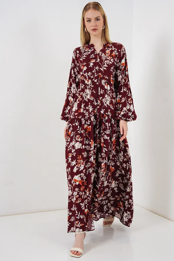 Kadın Desenli Uzun Tesettür Elbise 2585 - Z.Bordo