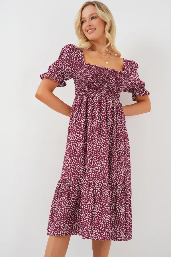 Women's Short-Sleeve Floral Dress 2556 - Burgundy