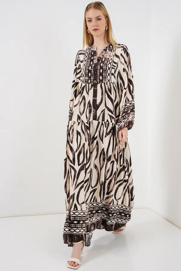 Kadın Desenli Uzun Tesettür Elbise 2585 - K. Taba