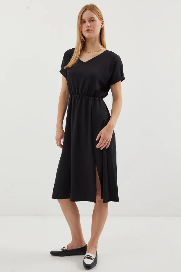 2378 V-Neck Slit Knitted Dress - Black