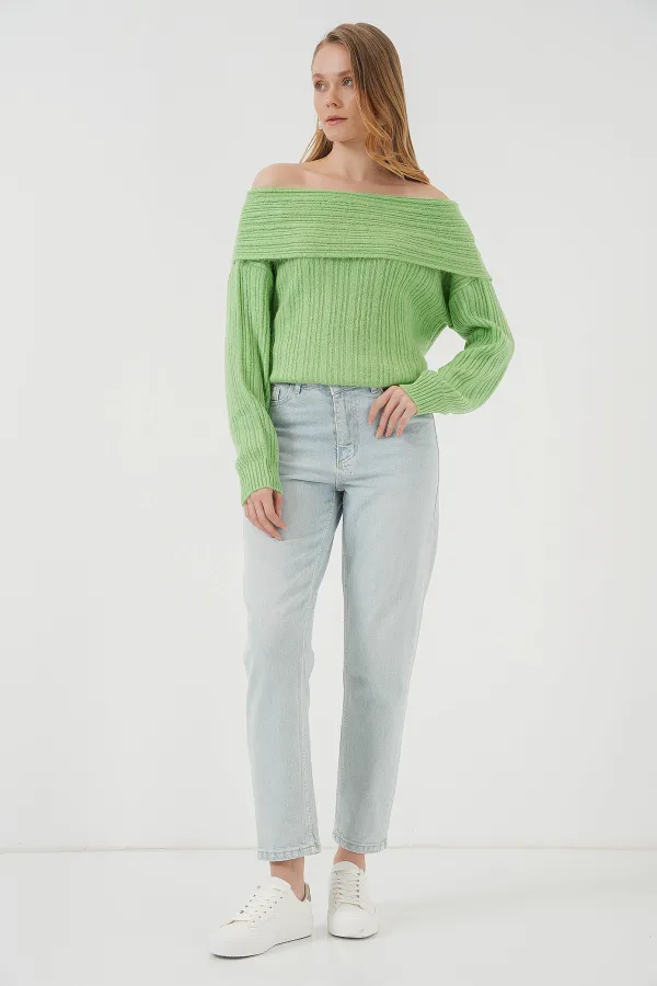 Pull oversize en maille à épaules dénudées pour femme (réf. 15908) - Vert foncé