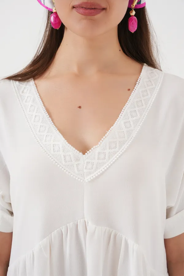 Kadın V Yaka Kısa Kol Elbise 2567 - Beyaz