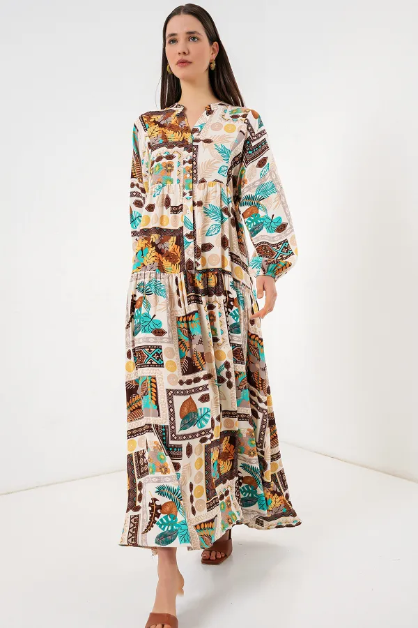 Robe longue hijab à motifs pour femme 2585 - Marron clair