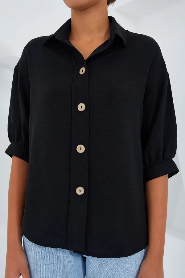 Chemise oversize en lin noir à manches courtes pour femme 20240