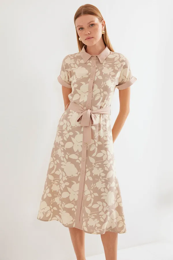 2455 Patterned Shirt Dress - Beige