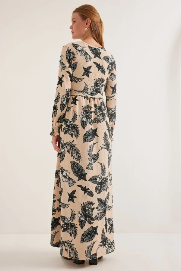 Women's Anthracite Cream Patterned Knitted Hijab Dress 1525