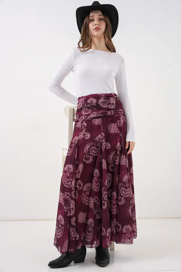 Jupe en mousseline à motifs pour femme 8057 - Bordeaux