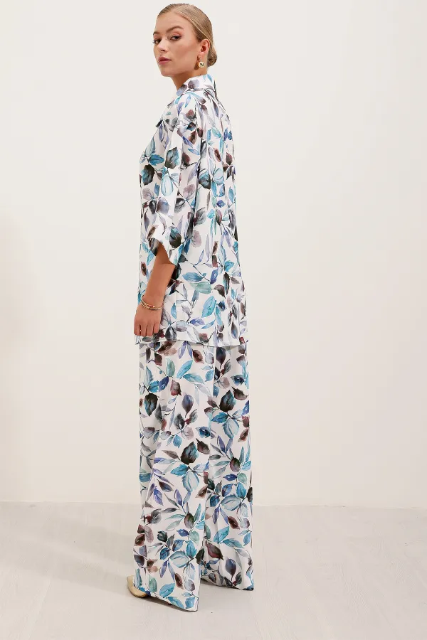 6607 Patterned Linen Two-Piece Set - Blue