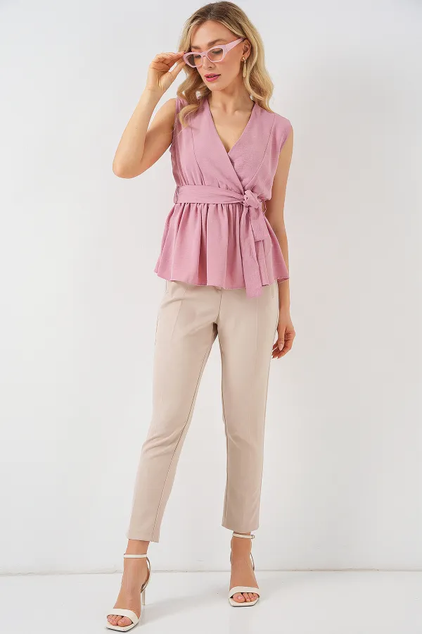 Kadın Kruvaze Yaka Kolsuz Bluz 966 - Pudra