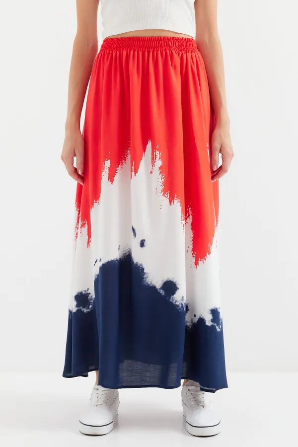 8025 Patterned Long Viscose Skirt - Red