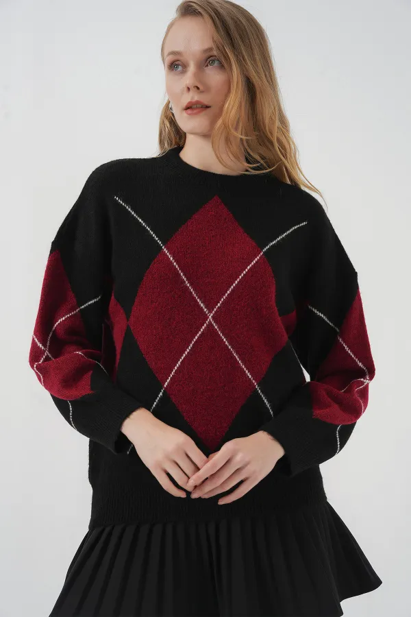 Pull oversize en maille à motif baklava 15895 - Noir