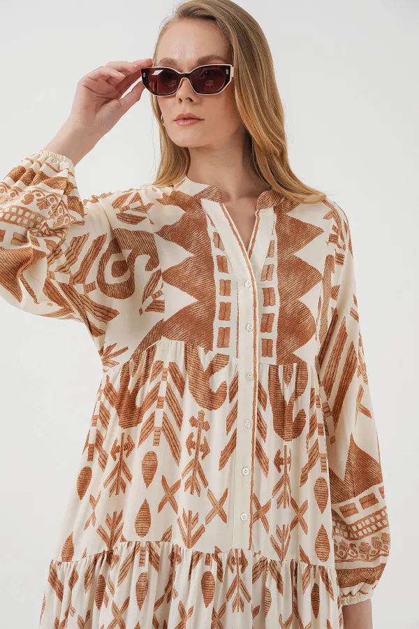 Robe hijab à motifs authentiques 2423 - B. Moutarde