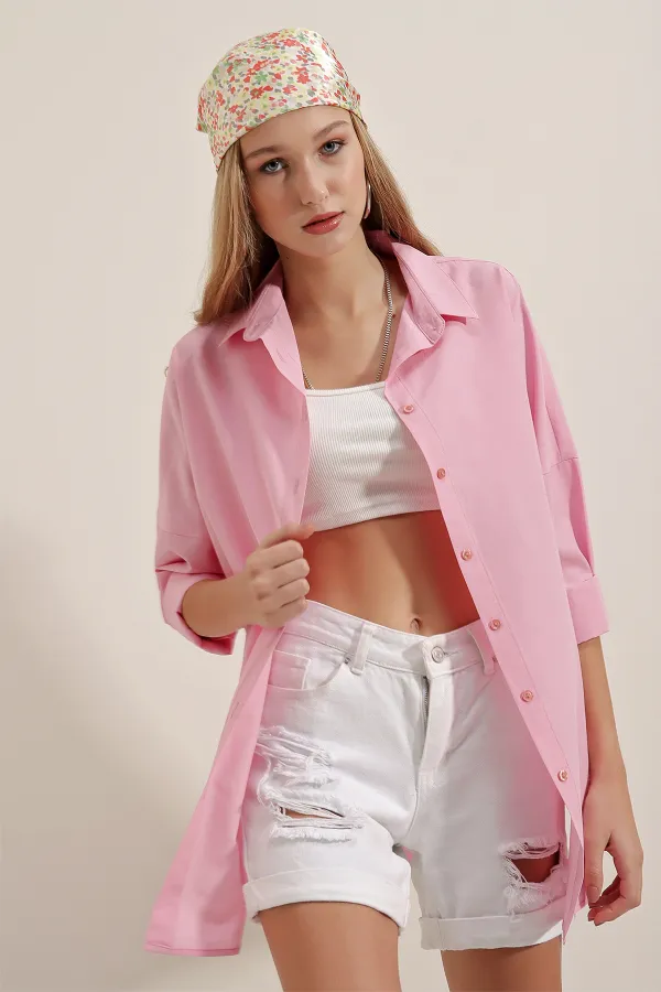 3900 Oversize Uzun Basic Gömlek - Pembe
