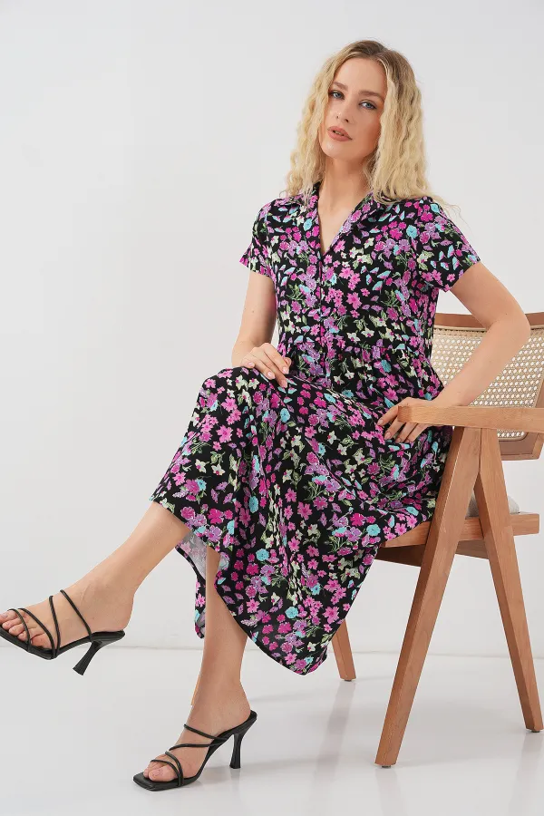 Robe fleurie à manches courtes boutonnée pour femme 2561 - Noire