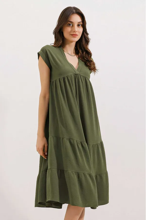 2398 V-Neck Flounce Dress - Khaki