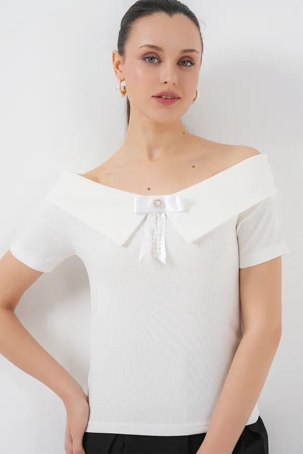 Kurdele Detaylı Örme Bluz 949 - Beyaz