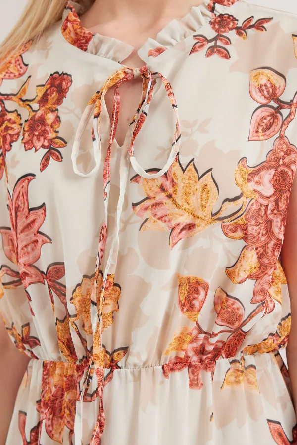 2503 Patterned Zero Sleeve Chiffon Dress - Brick