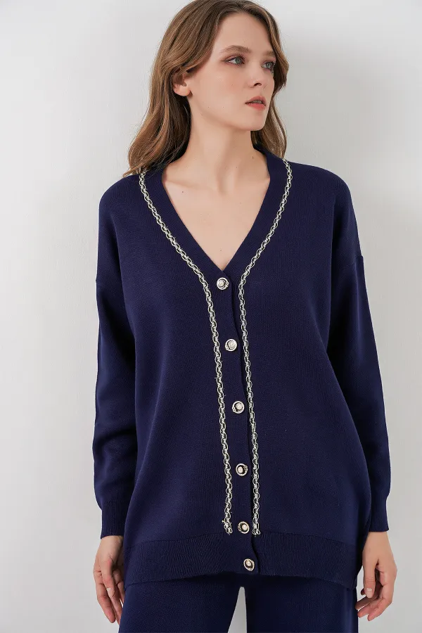 Ensemble deux pièces pour femme, cardigan et pantalon en maille, réf. 15956 - Bleu marine