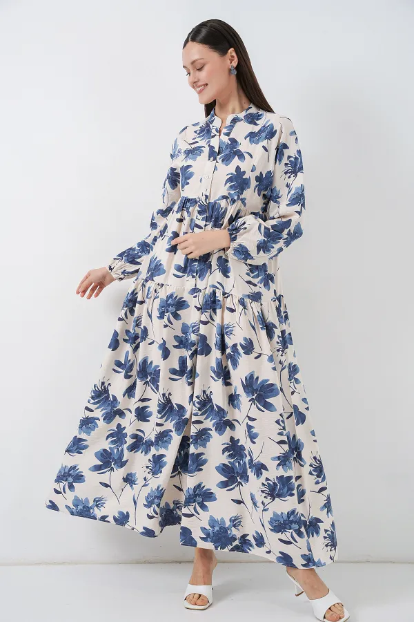 Kadın Lilyum Kumaş Uzun Tesettür Elbise 2593 - İndigo