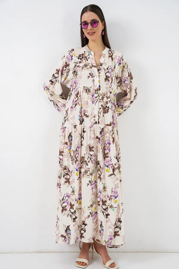 Women's Patterned Long Hijab Dress 2585 - I. Brown