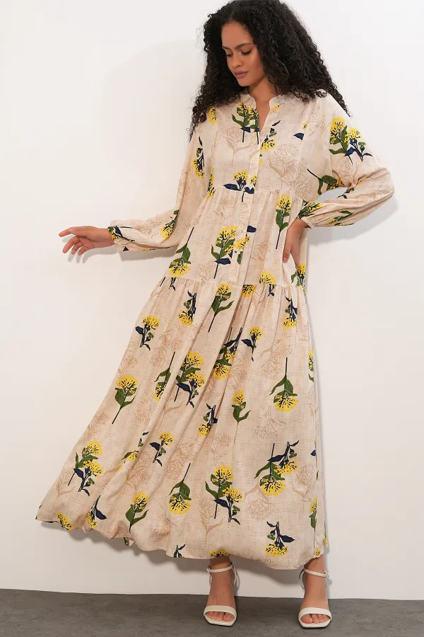 Women's Patterned Long Hijab Dress 2585 - Y. Yellow Women's Patterned Long Hijab Dress 2585 - Y. Yellow