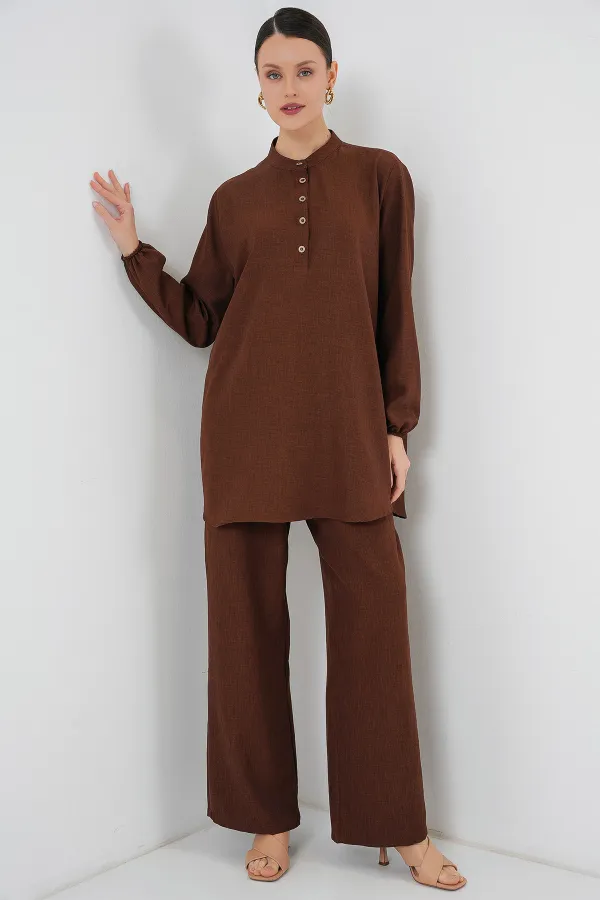 6678 Linen Tunic Trousers Two Piece Suit - Brown