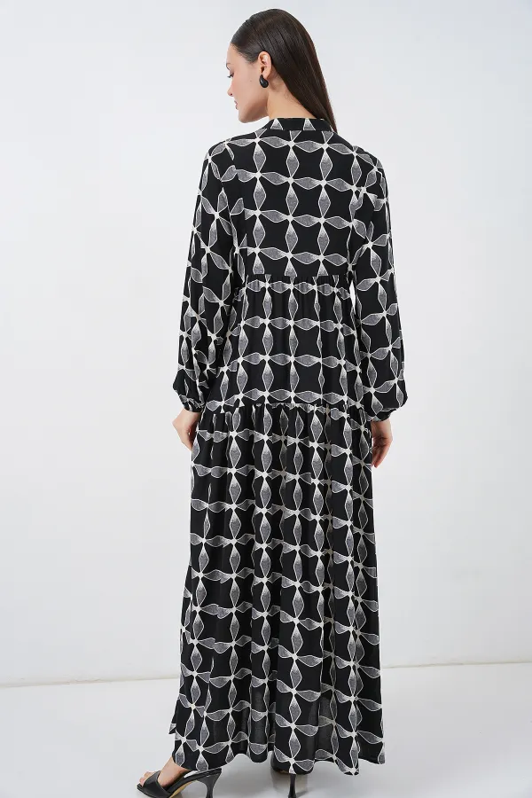 Kadın Desenli Uzun Tesettür Elbise 2585 - Siyah1