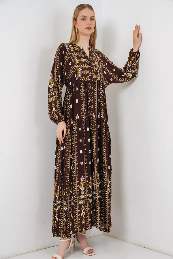 Kadın Desenli Uzun Tesettür Elbise 2585 - Düz Kahverengi