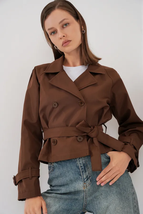 Women's Belted Short Trench Coat 5970 - Brown Women's Belted Short Trench Coat 5970 - Brown