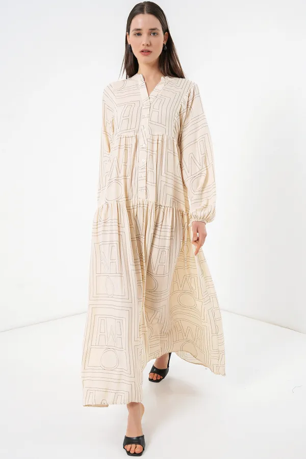 Robe longue hijab à motifs pour femme 2585 - Crème unie