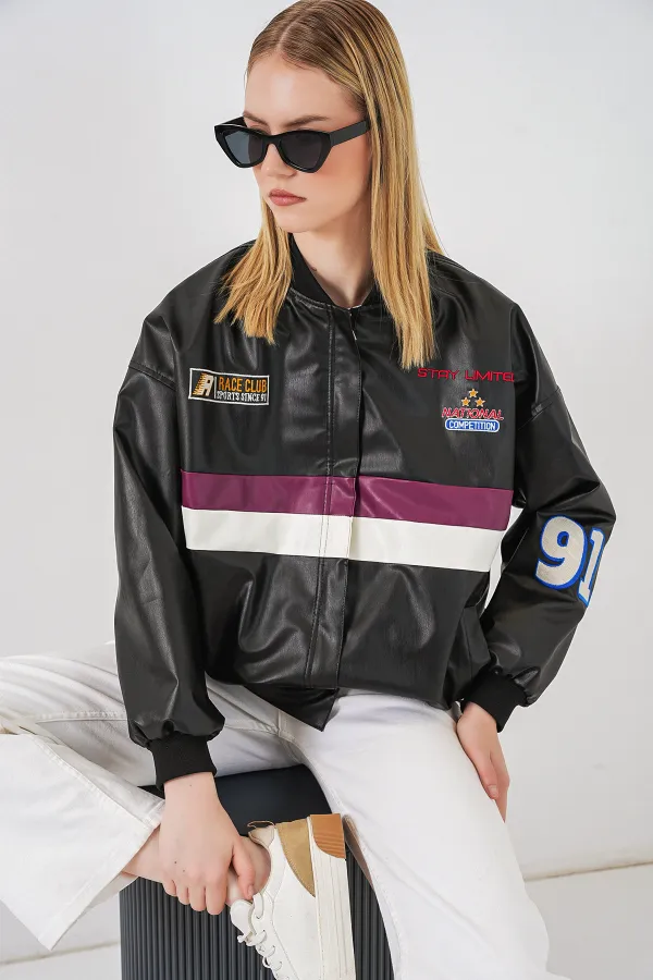 0698 Printed Faux Leather Bomber Jacket - Black - Purple