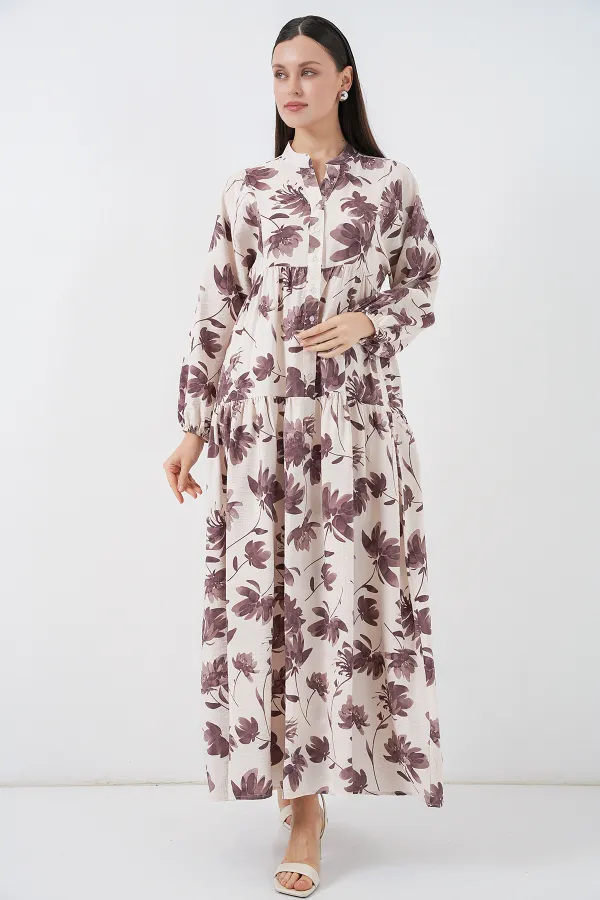 Kadın Lilyum Kumaş Uzun Tesettür Elbise 2593 - Kahverengi