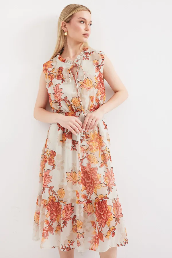 2503 Patterned Zero Sleeve Chiffon Dress - Brick