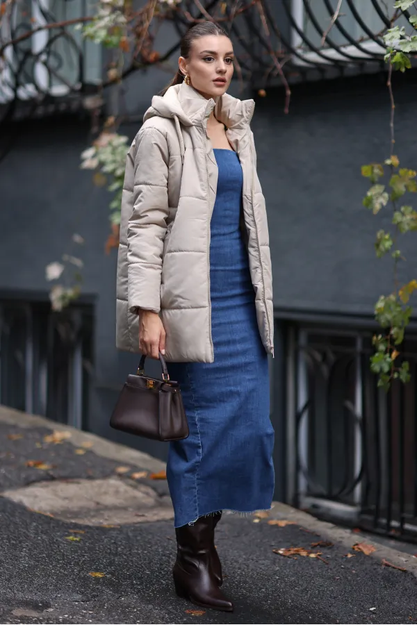 5163 Kapüşonlu Oversize Şişme Mont - Bej